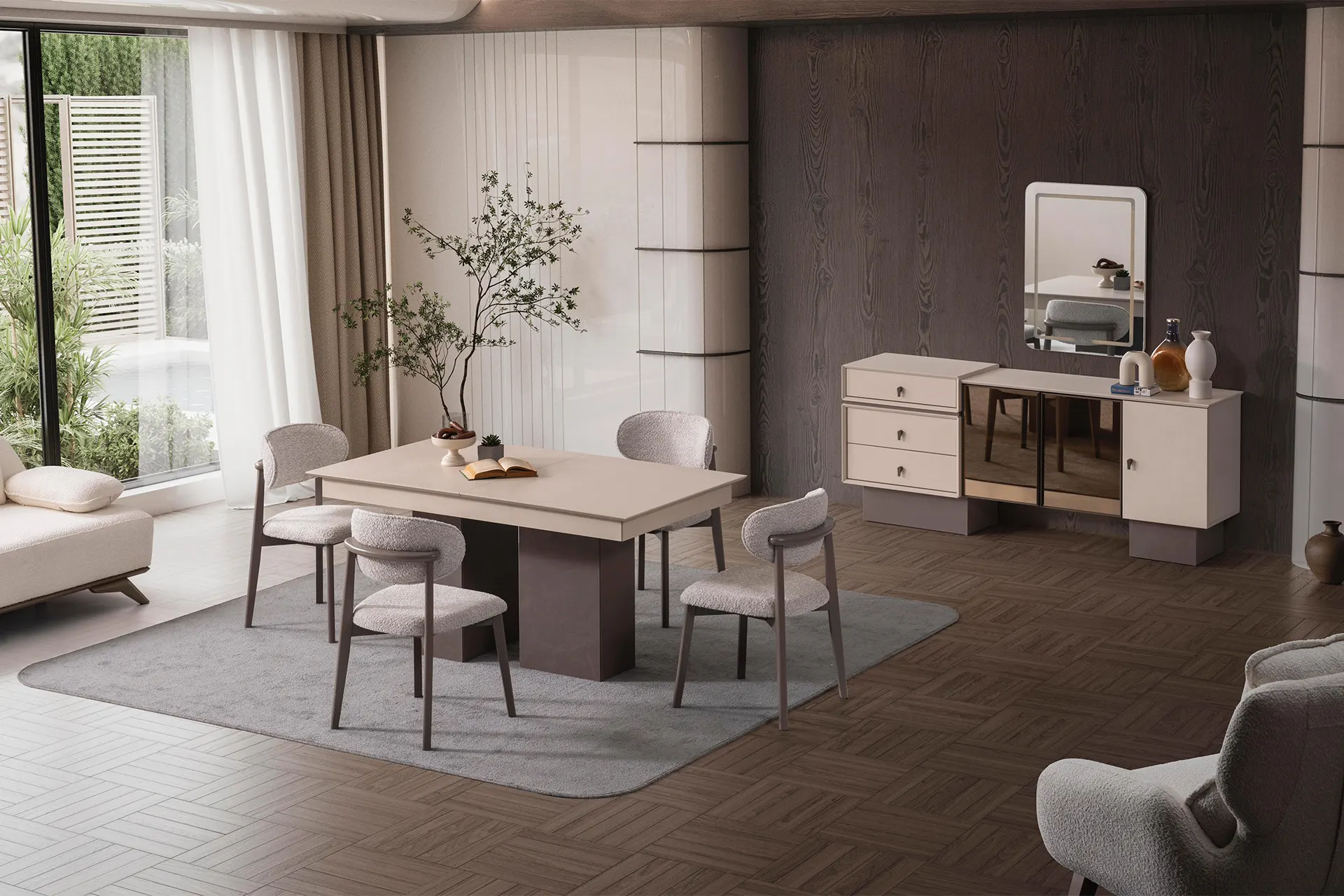 Loft Yemek Odası Takımı - Şık ve modern İnegöl Mobilyası tasarımı, konforlu yemek alanları için estetik ve fonksiyonelliği bir araya getiriyor.